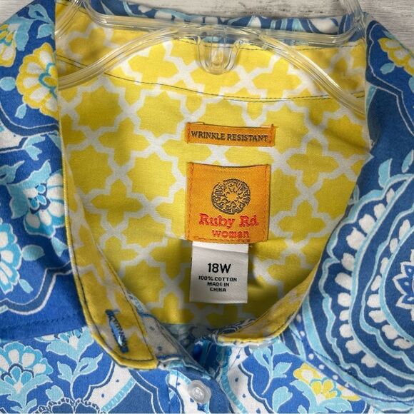 Ruby Rd. Wrinkle Resistant Turquoise Yellow Cotton Button Front Blouse 18 - Picture 3 of 7